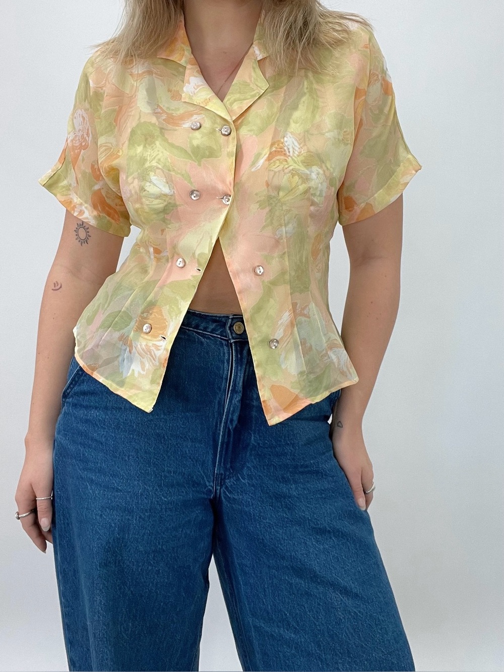 Vintage Sheer Floral Short Sleeve Blouse